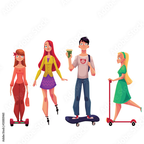 Young people riding scooter, gyroscooter, skateboard, roller skates, urban lifestyle concept, cartoon vector illustration isolated on white background. Wheeled people, riding scooter, roller blades