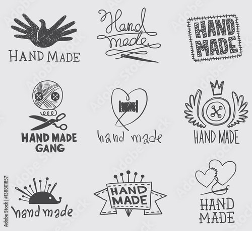 Vector set of different emblems of handmade on a white background. Needlework, craft. Made in a monochrome style. Inscription "Handmade". Vector illustration.