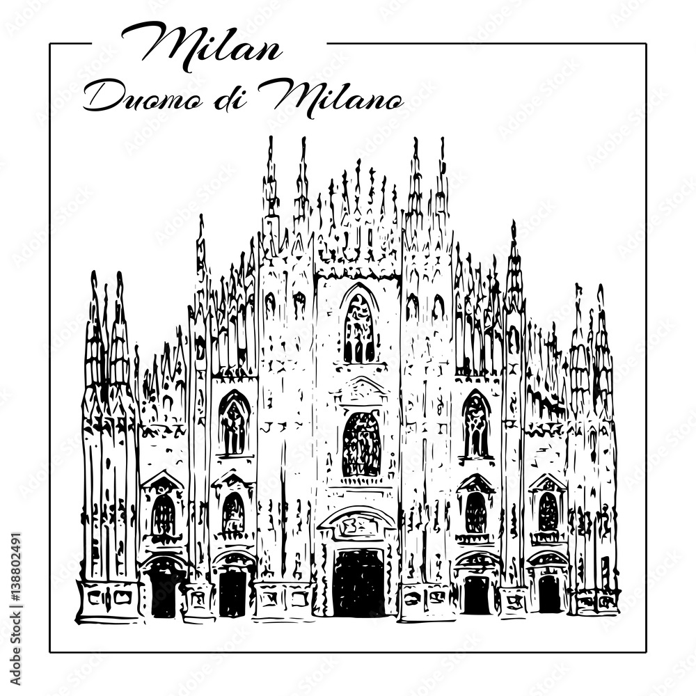 Milan symbol. Duomo di Milano.. Hand drawn sketch. Duomo cathedral in Milan
