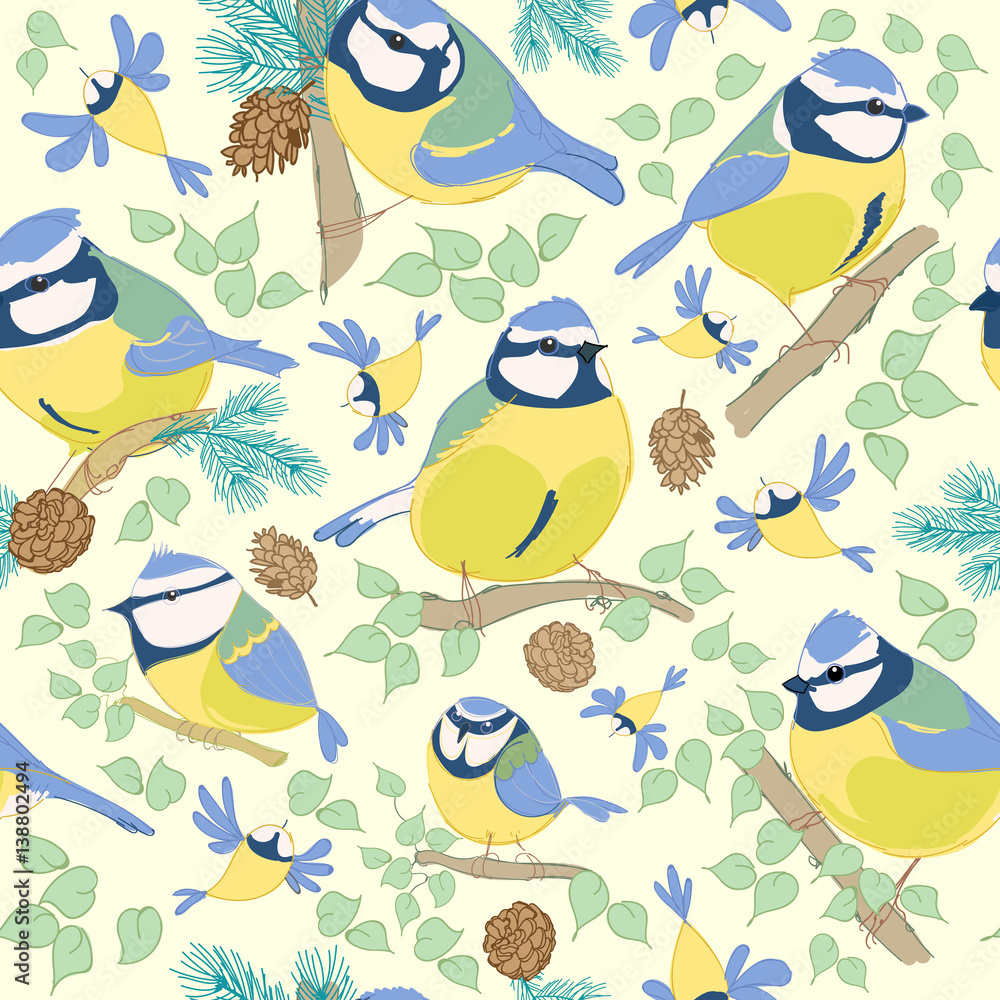 Fototapeta premium Birds.Blue tit pattern. Vector illustration