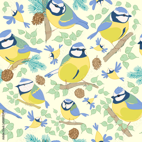 Birds.Blue tit pattern. Vector illustration