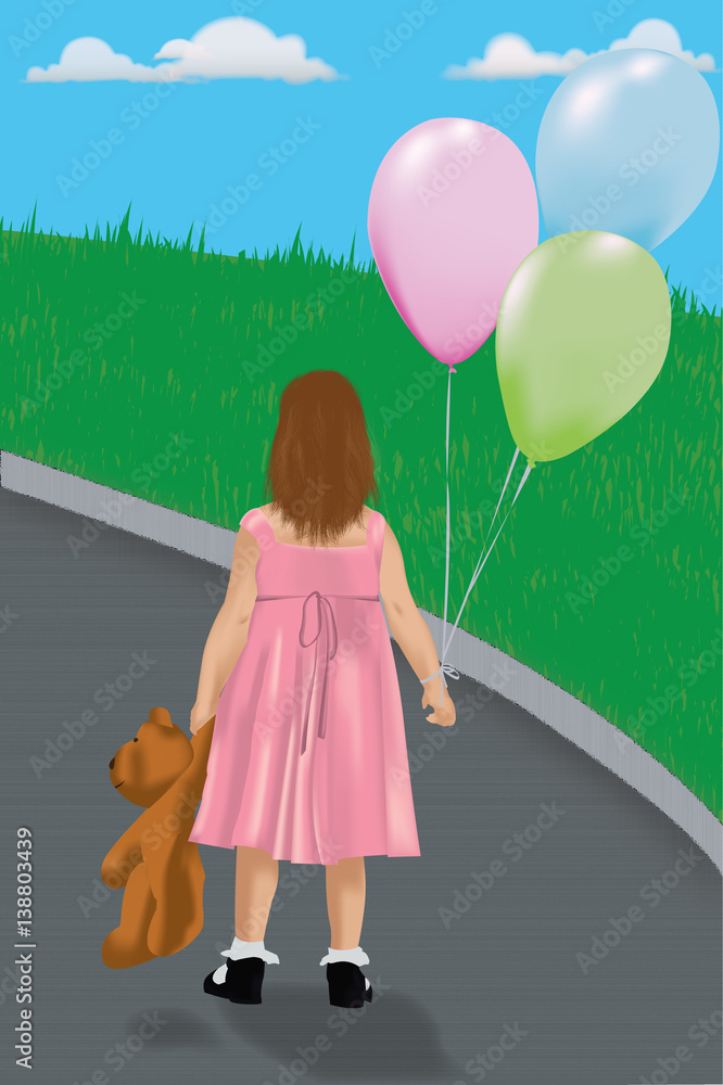 Illustration of girl with balloons and teddy bear walking in park Illustration of girl with balloons and teddy bear walking in park
