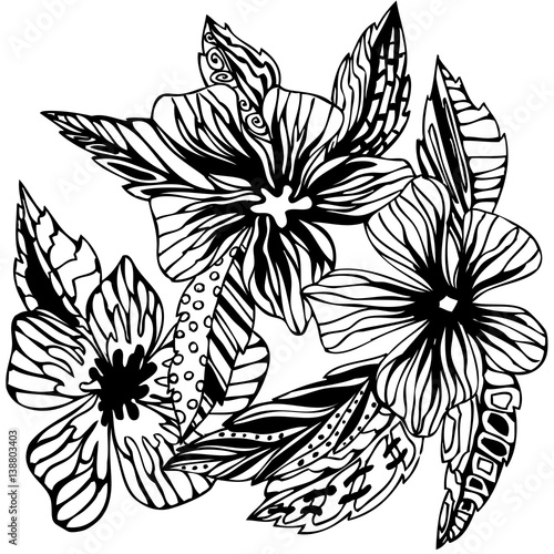 Stylized flowers sketch  black and white drawing