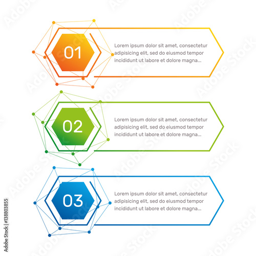Infographic hexagon shape colorful numbers from 1 to 3 and text columns vector illustration.
