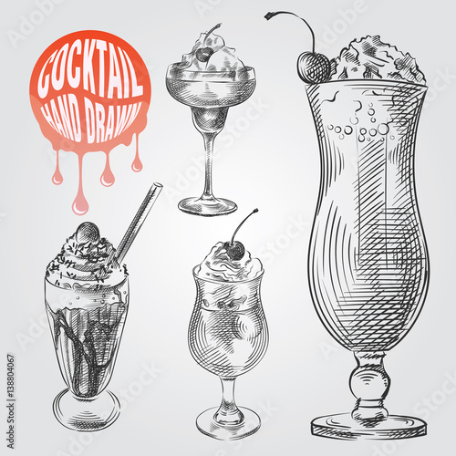 Set of hand drawn sketch style cocktails isolated on white background and blob with drops. Milkshake with cherries and cream in glass sketch vector illustration.