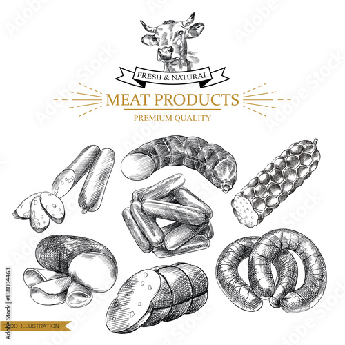 Set of hand drawn sausages isolated on white background. Meat products sketch elements. Retro hand-drawn smoked and boiled sausages vector illustration.