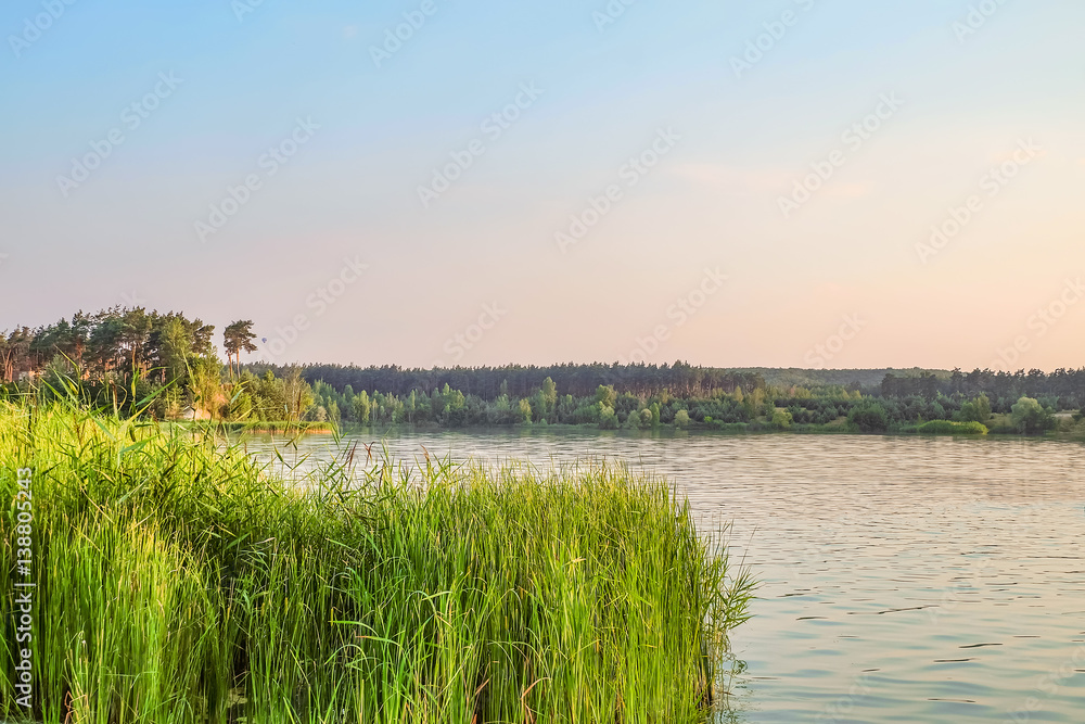 Evening lake landscape of Central Russia. Belgorod region.
