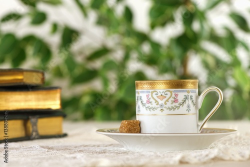 White cup with golden ornament on a vintage table cloth against a background with green leaves and books