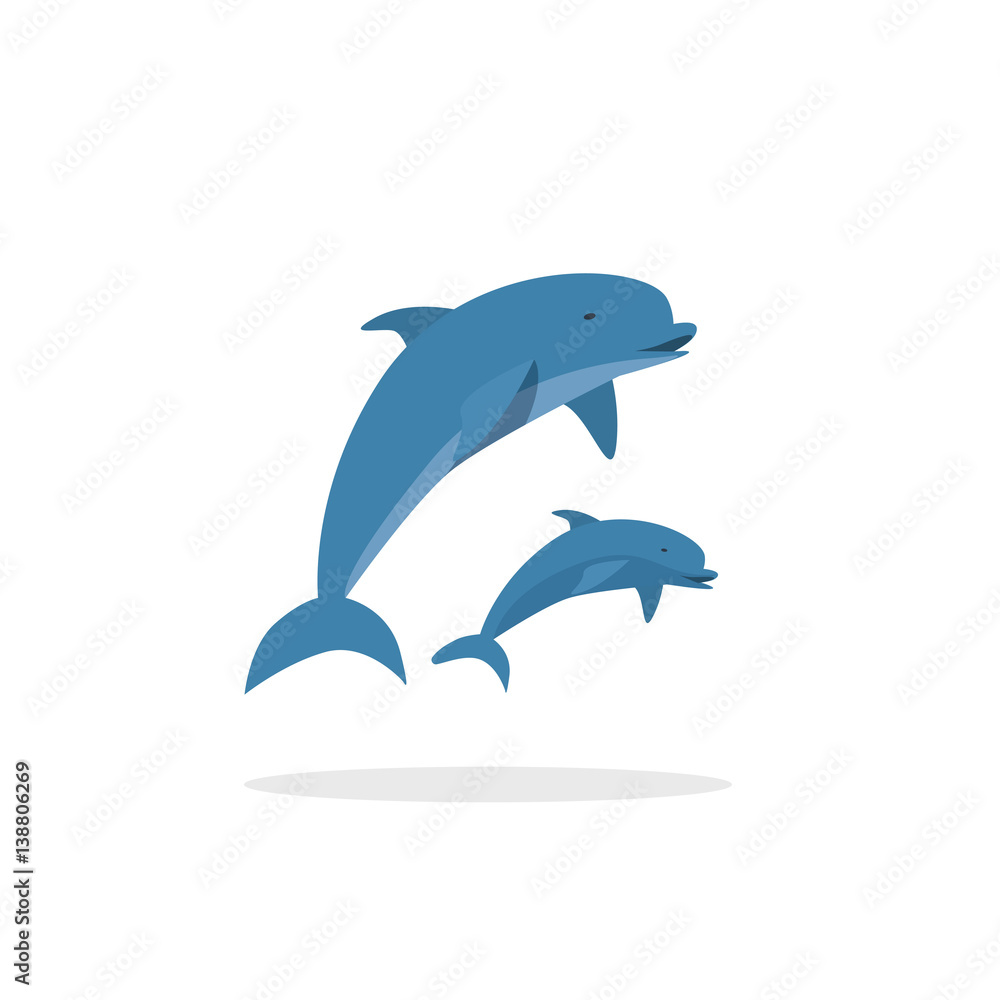 Obraz premium Dolphin vector illustration, flat style two jumping happy dolphins isolated on white background