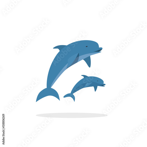 Dolphin vector illustration, flat style two jumping happy dolphins isolated on white background