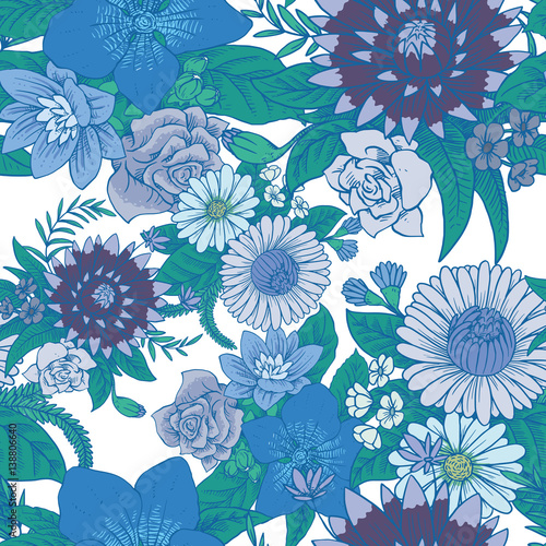 Vector seamless floral pattern with beautiful various flowers with leaves in blue tones on a white background. Wallpaper, background, wrapping paper. Color image. Vector illustration.