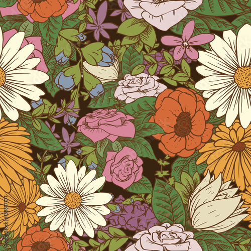 Vector seamless floral pattern with beautiful various flowers of different colors with green leaves on a black background. Wallpaper, background, wrapping paper. Color image. Vector illustration.