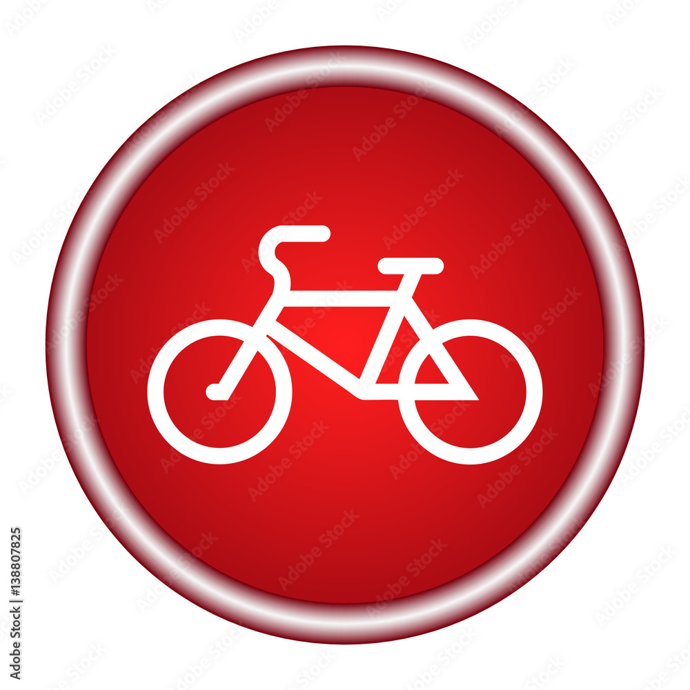 Bicycle red web icon. Metal shine silver chrome border round button isolated on white background. Bicycle red web icon. Metal shine silver chrome border round button isolated on white background.