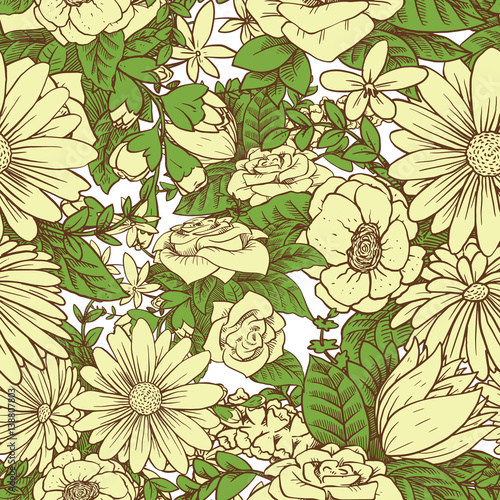 Vector seamless floral pattern with beautiful various white flowers with green leaves on a white background. Wallpaper, background, wrapping paper. Color image. Vector illustration.