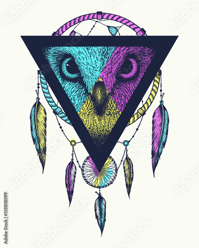 Dream catcher, owl view. The idea for a tattoo, t-shirts or cover. Vector illustration.
