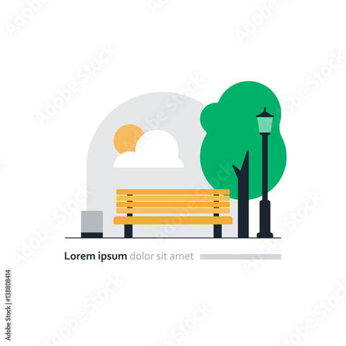 Park bench with tree and lantern, cozy place for rest, city square