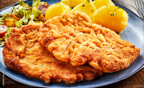 Billede på lærred Pieces of Wiener schnitzel with potatoes