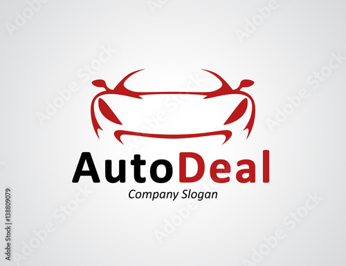 Auto car dealership logo design with front of original concept red sports vehicle silhouette icon on light grey background. Vector illustration.