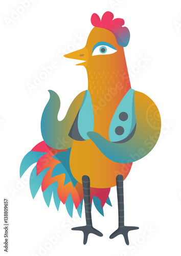 Colorful cock with sun tattoo in waistcoat. Isolated illustration in cartoon style. Chinese New Year symbol design.
