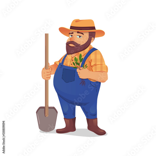 Vector illustration of a farmer with a shovel and seedlings