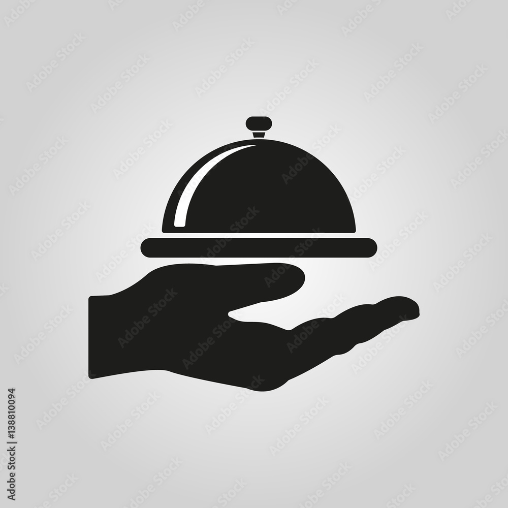 Obraz premium Tray in hand icon. Restaurant, service, banquet, lunch symbol. Flat design. Stock - Vector illustration