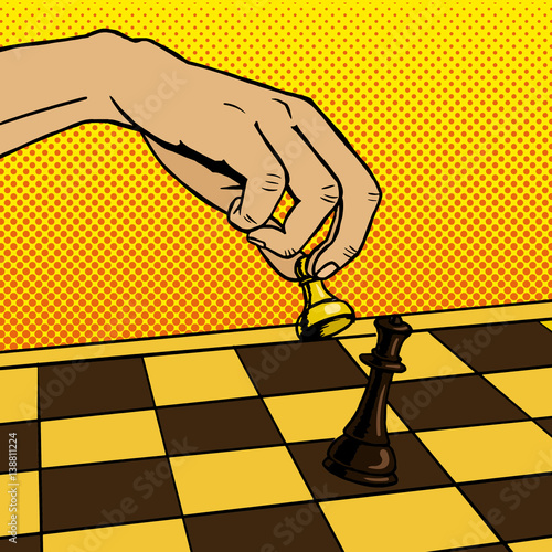 Hand playing chess pop art vector illustration