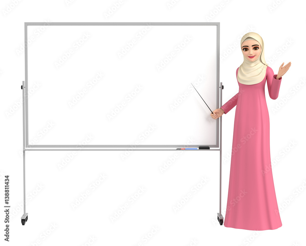 The Islamic woman who wore the hijab illustrates by a white board The Islamic woman who wore the hijab illustrates by a white board