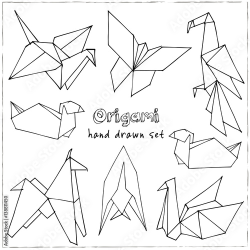 Origami hand drawn doodle set. Vector illustration of   figures from paper