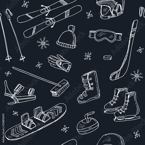 Winter Fun Sports, Activities and Accessories Hand-Drawn Notebook Doodles seamless pattern with Sled, Skis, Skates, Snowboard, Snowflake