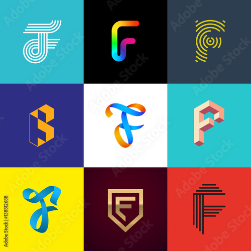 Letter "F" big logo pack. Creative vector monograms. Striped, ribbon, colorful, isometric, linear, 3d logos.Eps10 format.