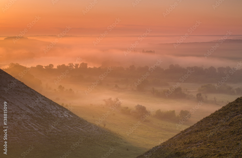 landscape of dense fog in the field at sunrise