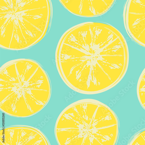 Seamless pattern with citrus painted with watercolor grunge brushes. Vector illustration 