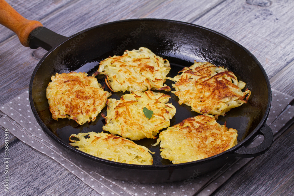 Potato Pancakes. Vegetable fritters. Latkes in frying pan. Potato Pancakes. Vegetable fritters. Latkes in frying pan.