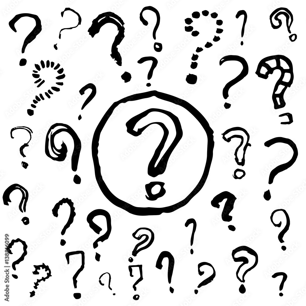Obraz premium Set with different black watercolor question marks. Hand drawn illustration, vector elements
