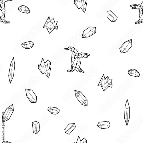 Seamless black and white kids tribal vector pattern with penguins and low-poly crystals.