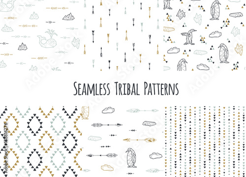 Set of navajo tribal patterns with low poly penguins.