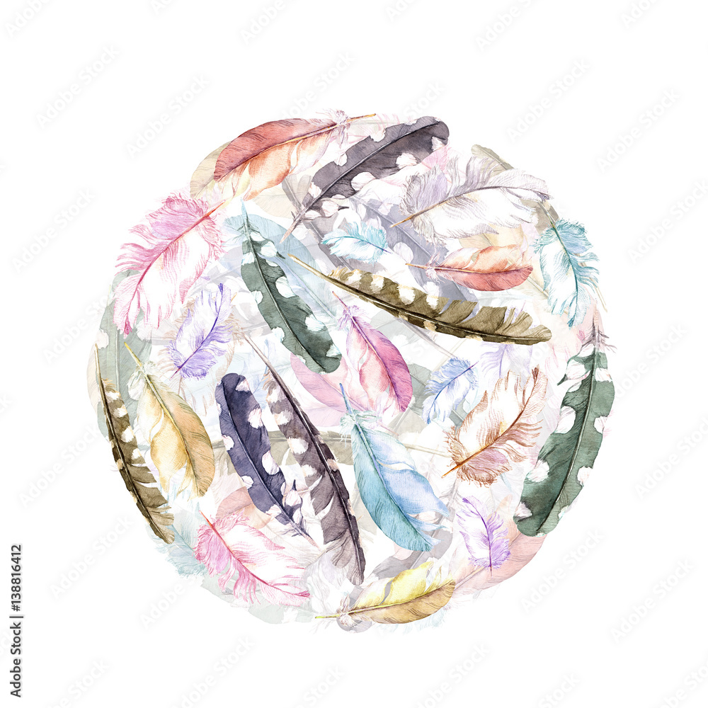 Feathers. Circle background. Watercolor Feathers. Circle background. Watercolor