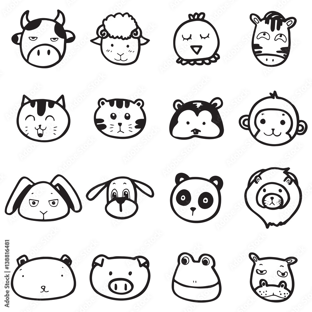 set of doodle drawing outline animal face vector on white background Stock  Vector | Adobe Stock