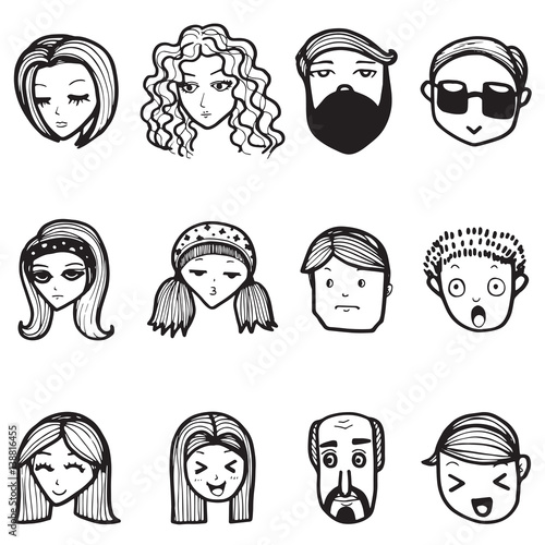 Set of hand drawn outline doodle emoticons vector illustration, people face on white background