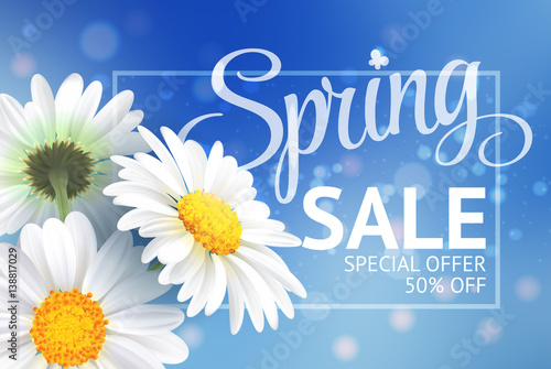 Springr sale concept. Summer background with chamomile and blue sky background. Template for banners, web, flyer, voucher. Vector illustration.