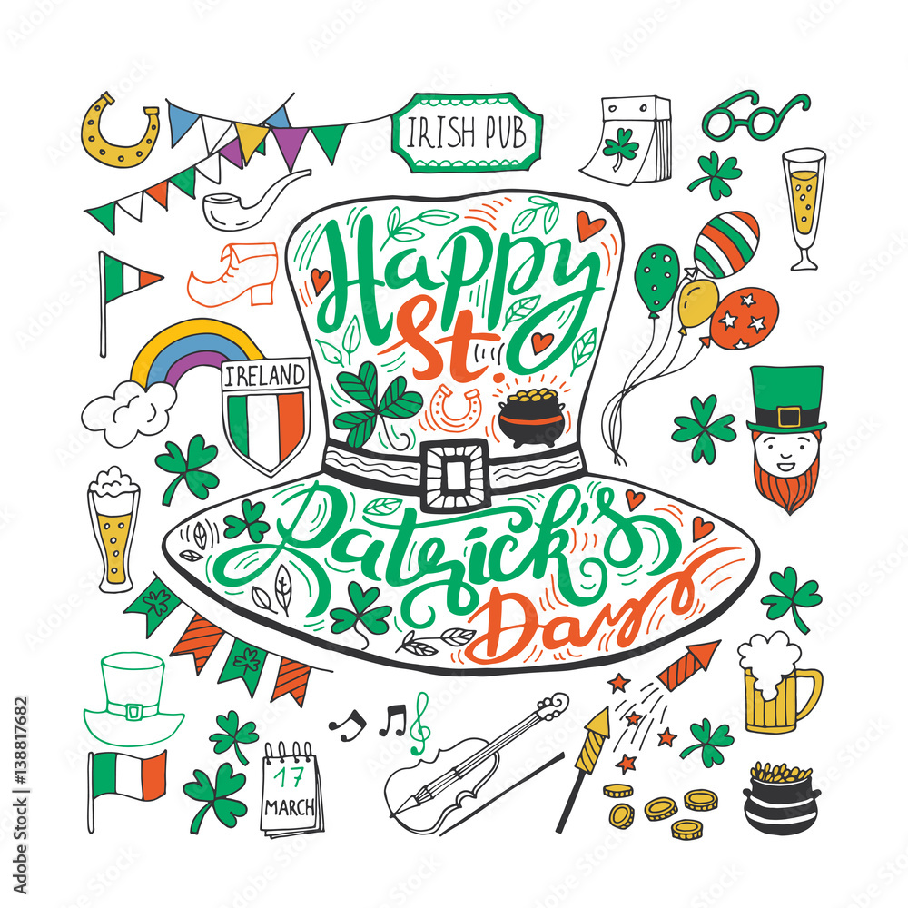 Saint Patrick's Day traditional symbols collection.