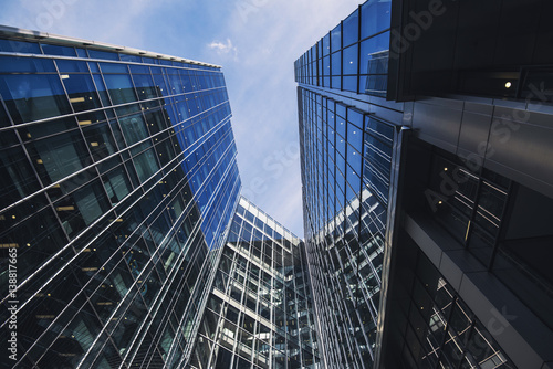 Modern glass buildings in a business area.