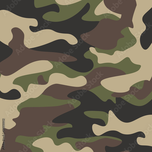 Camouflage pattern background. Classic clothing style masking camo repeat print. Green brown black olive colors forest texture. Design element. Vector illustration.