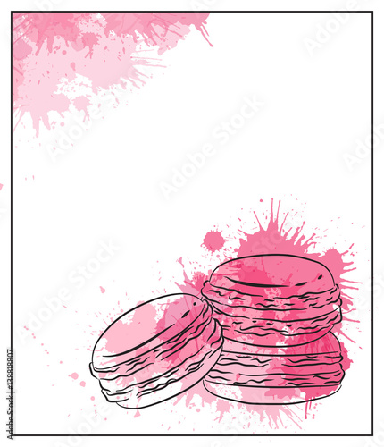 Delicate card with contour drawing of macaroon and pink watercolor splashes. Vector element for the menus, greeting cards, invitations, and your design