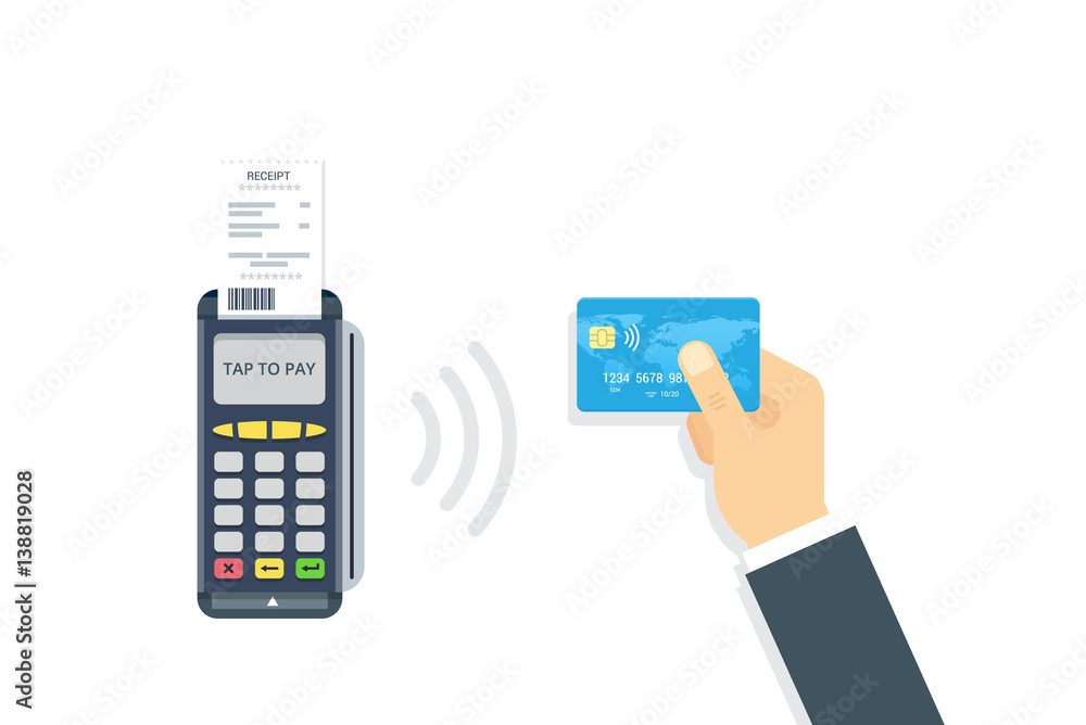 Pos terminal confirms contactless payment from credit card. NFC Payment vector illustration in flat style. Pos terminal confirms contactless payment from credit card. NFC Payment vector illustration in flat style.