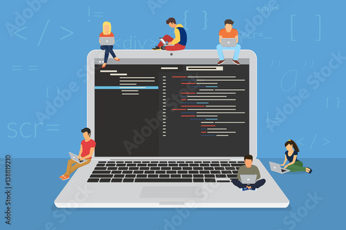 Young programmers coding a new project sitting on big laptop with command line. Flat modern illustration of young programmer coding a new project using programmimg skills and working as system admin