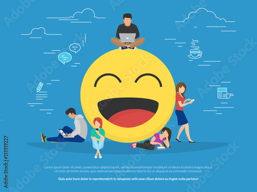 Young men and women standing near big emoji head symbol and using their smart phones for texting to live chat, messengers and networks. Flat concept illustration of online talk on blue background