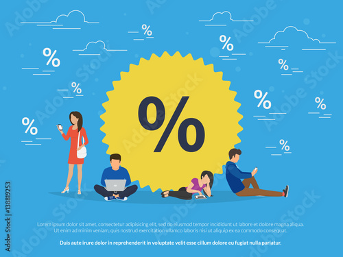 Sale symbol concept illustration of people using mobile gadgets such as tablet, laptop and smartphone for online purchasing goods with sale coupons and offers. Flat guys and women near yellow symbol