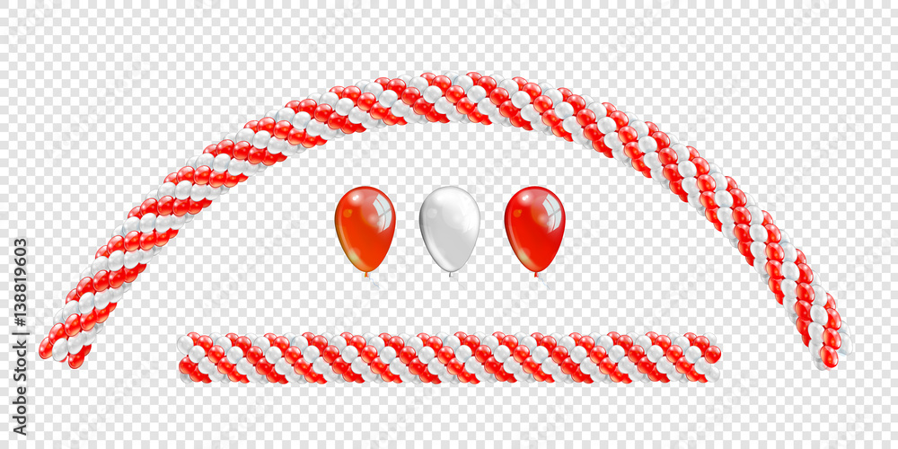 Fototapeta premium Garlands of balloons. Red and white colors balloons line and arch. Arch of balloons. Red and white balloon set. Vector objects on transparent background
