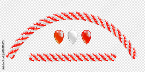 Garlands of balloons. Red and white colors balloons line and arch. Arch of balloons. Red and white balloon set. Vector objects on transparent background